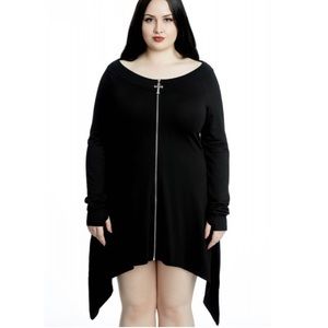 Killlstar Uriel black zip front dress hankie hem with thumb holes plus size